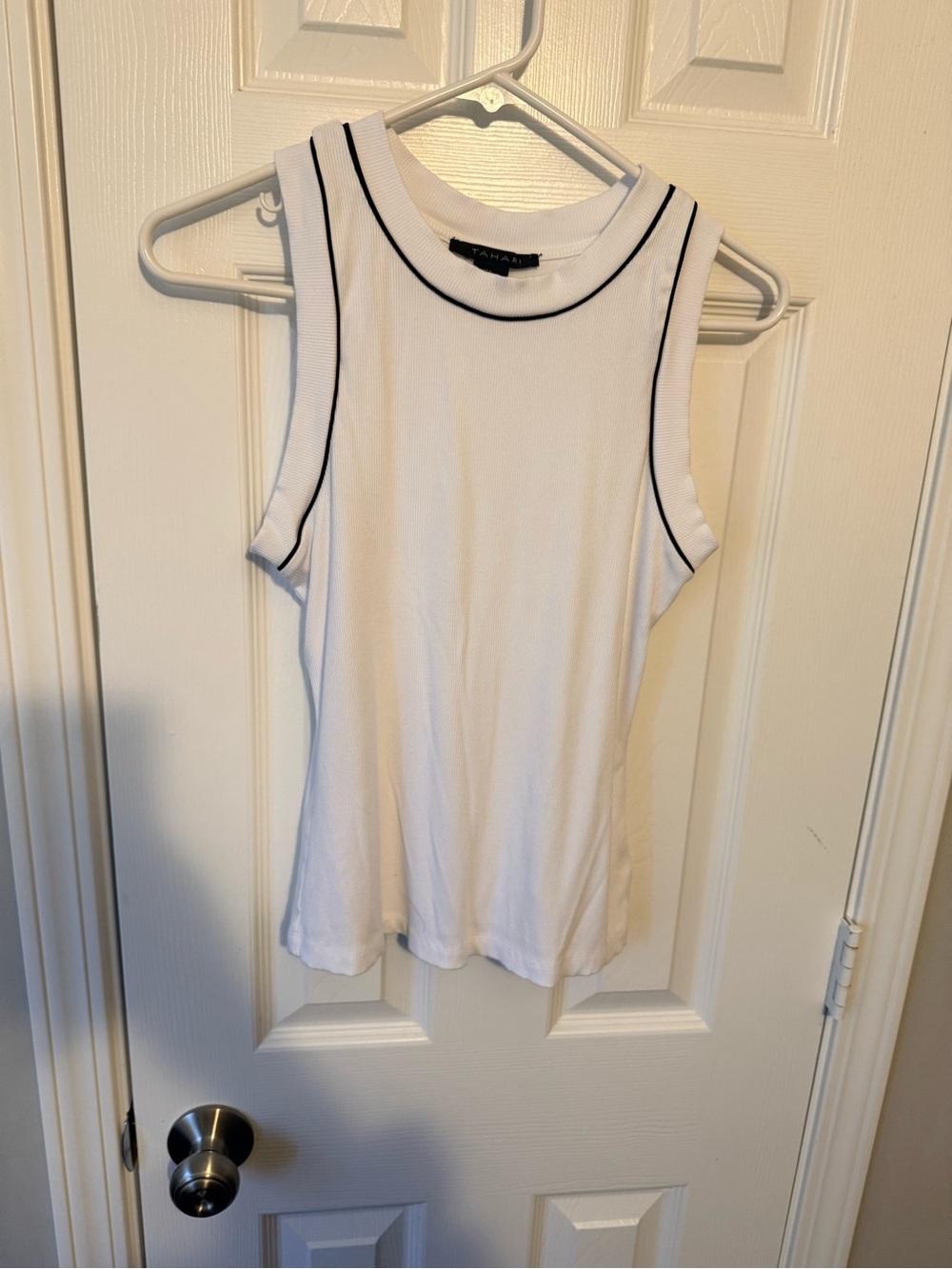 Tahari White Ribbed Tank with Black Trim